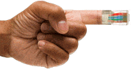 A hand with the index finger blending into a Category 5 connector